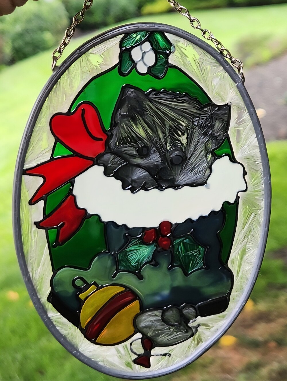 Vtg Retired Joan Baker Designs Faux Stained Glass Christmas Kitten Window Art